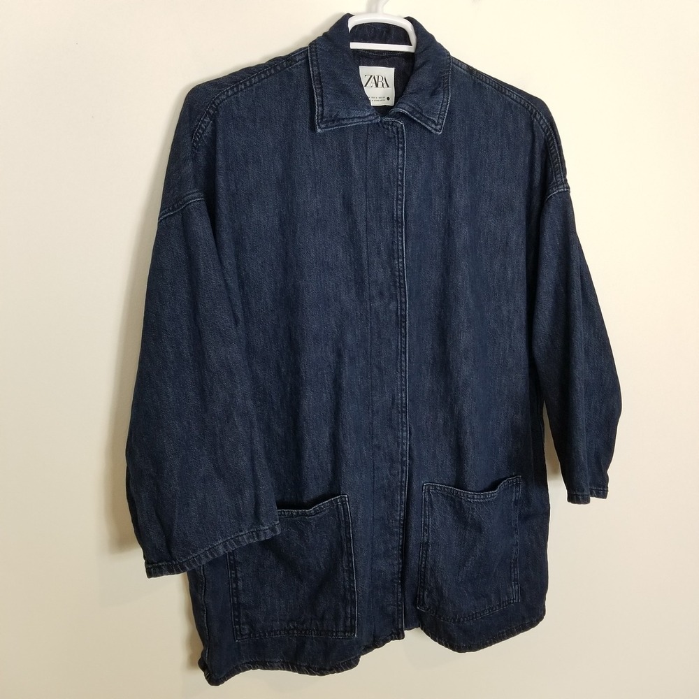 Zara Minimalist Denim Jacket Women Sz M Blue Long Pockets Relaxed Boho - Picture 5 of 11
